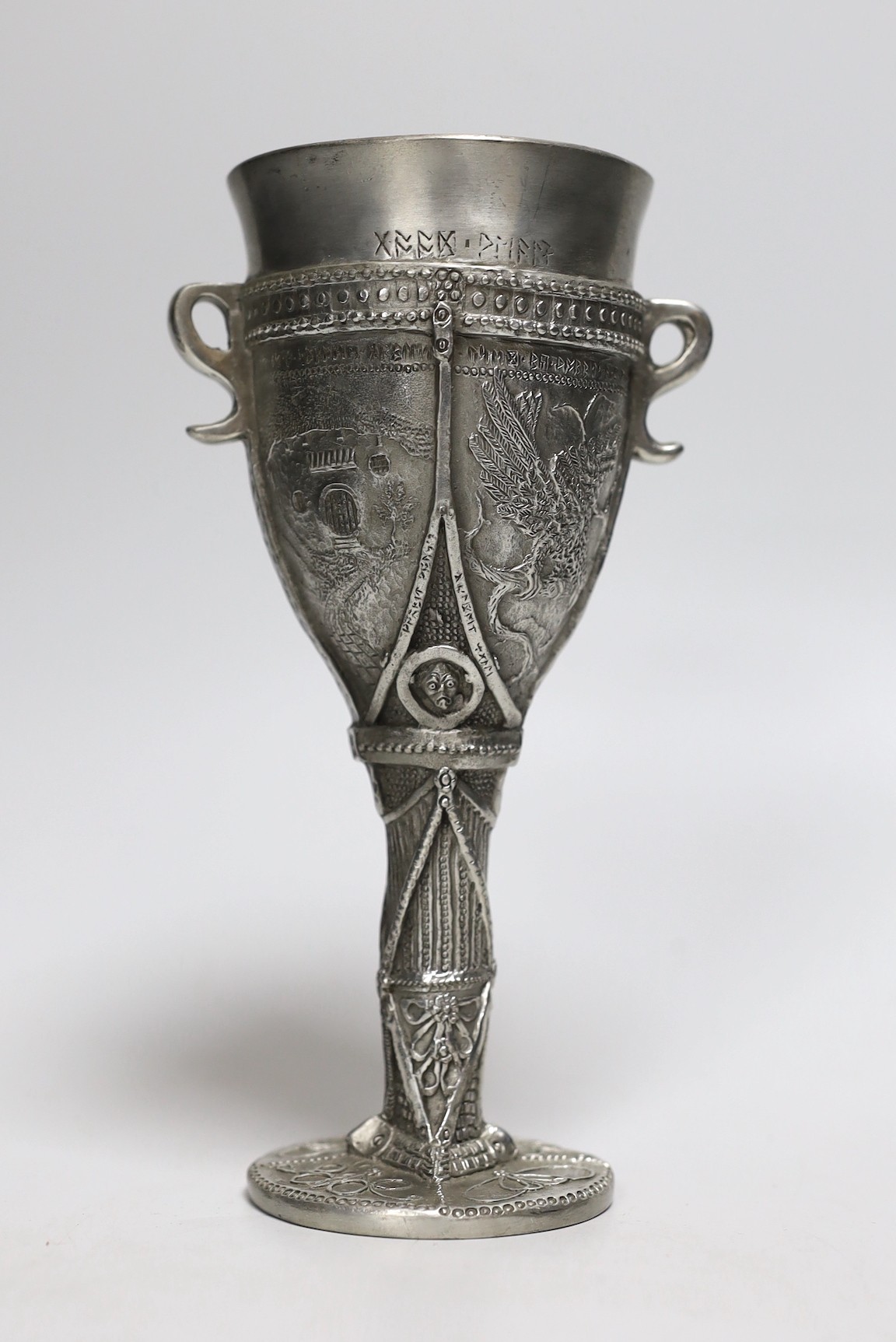 A Selangor cast pewter ‘Hobbit’ goblet inspired by Tolkien’s Lord of the Rings, 18.5cms high